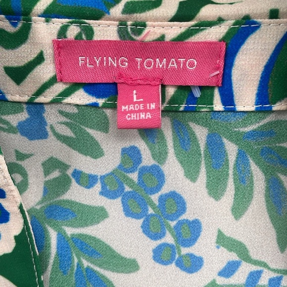 Flying Tomato Retro Style Green and Blue Leaf Print Blouse‎ Large Flowy Sleeves - Picture 6 of 6